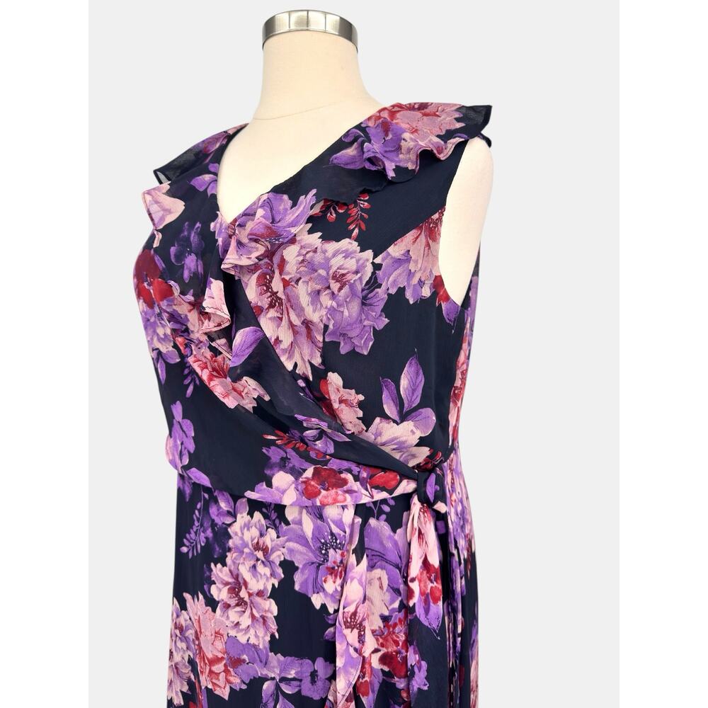 London Times Woman Navy Chiffon Faux Wrap Ruffle High Low Maxi Dress Size 20W - Picture 7 of 14